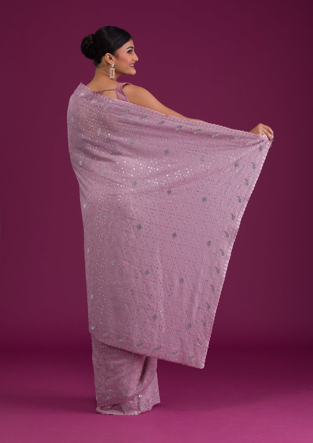 Mauve Threadwork Georgette Unstitched Saree-Koskii