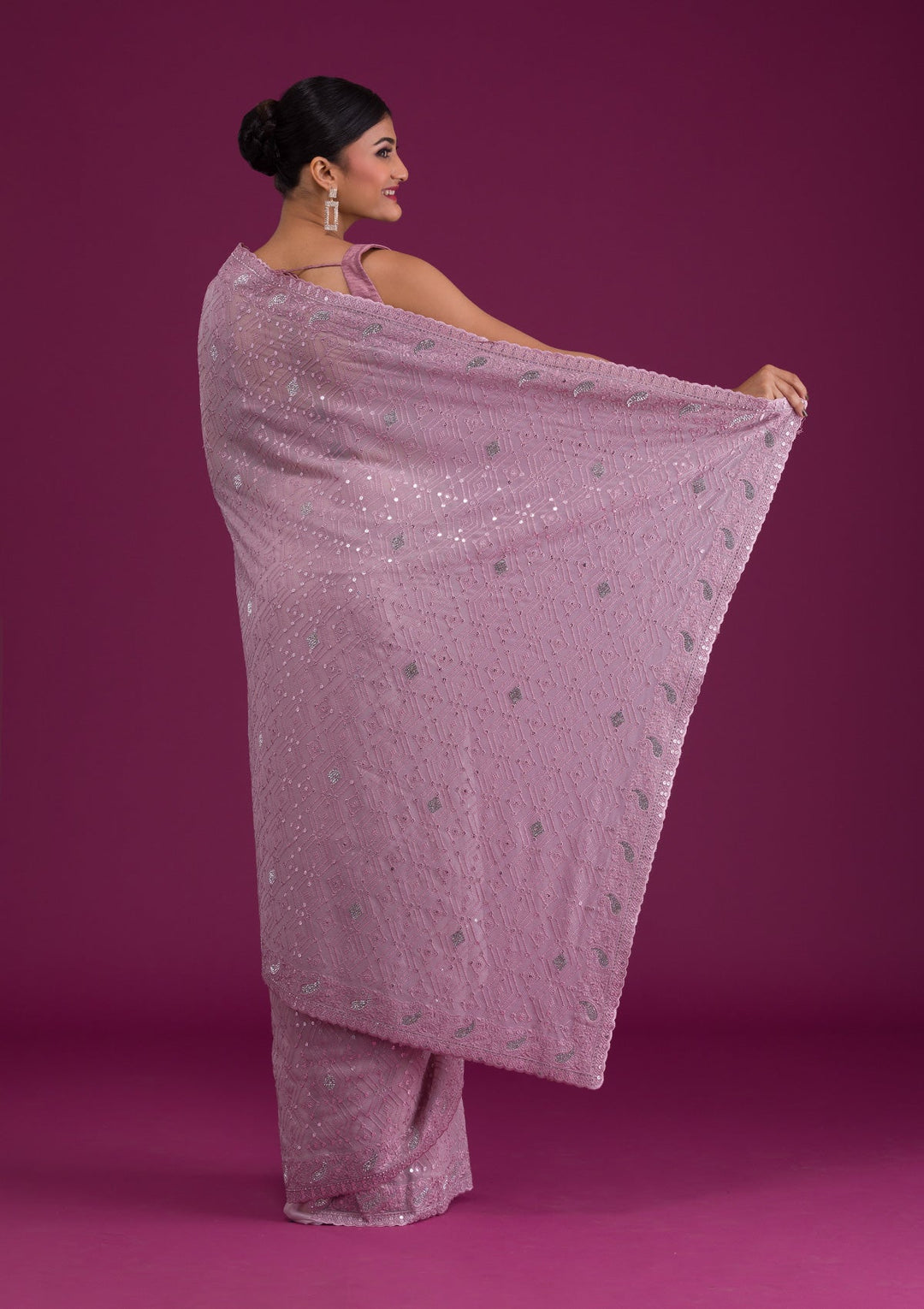 Mauve Threadwork Georgette Unstitched Saree-Koskii