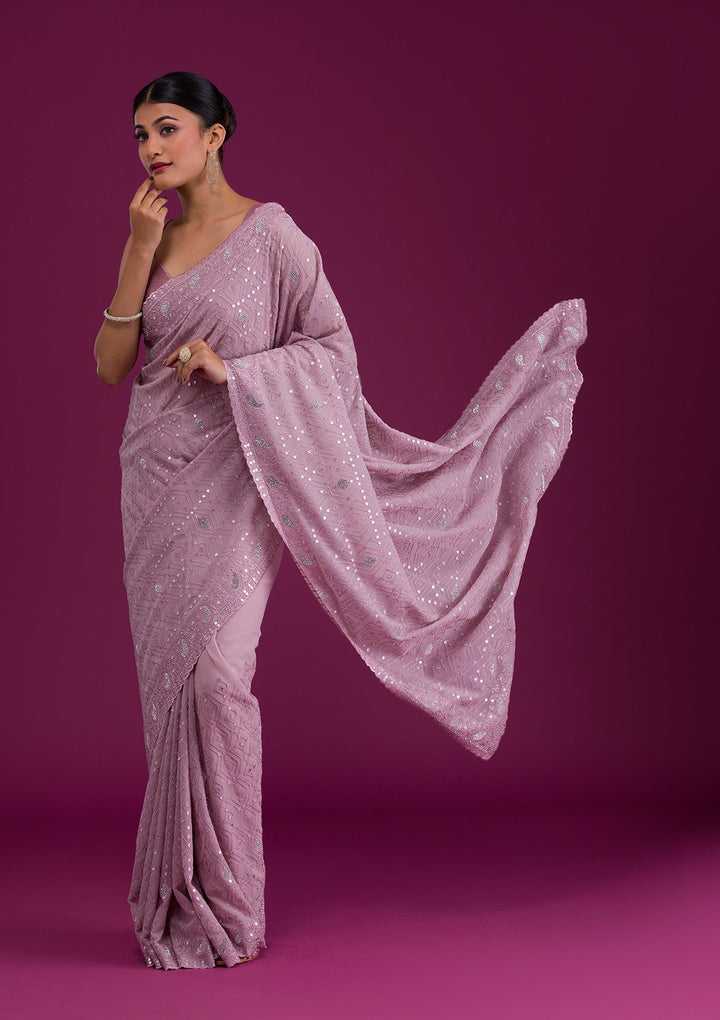 Mauve Threadwork Georgette Unstitched Saree-Koskii