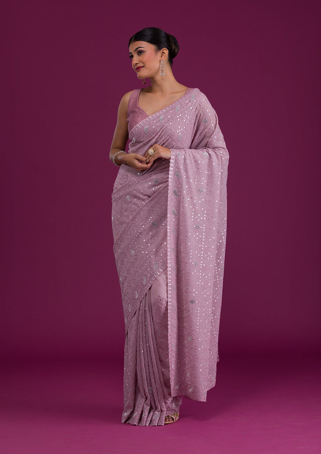 Mauve Threadwork Georgette Unstitched Saree-Koskii