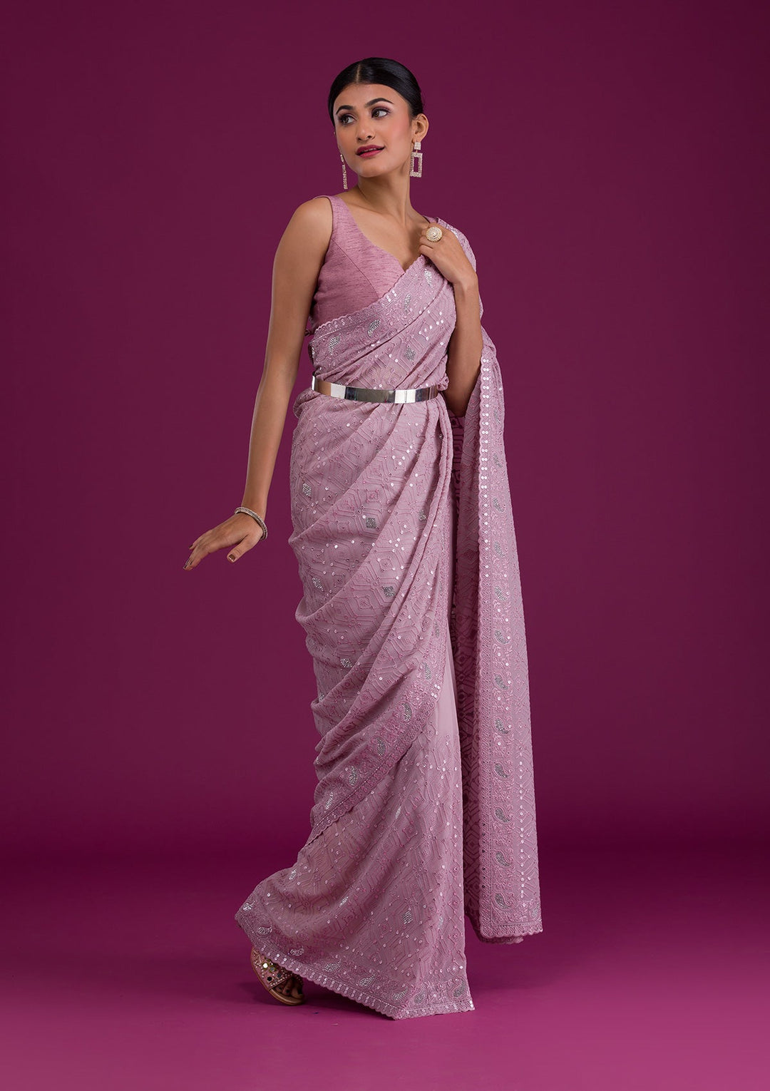 Mauve Threadwork Georgette Unstitched Saree-Koskii