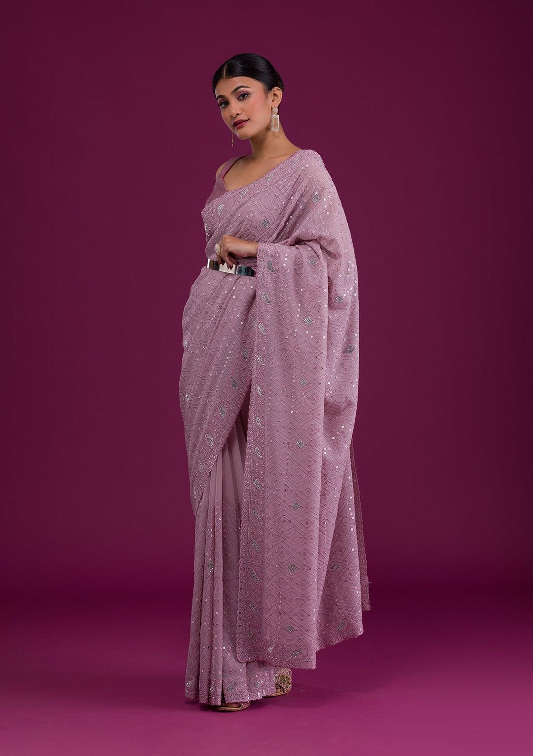 Mauve Threadwork Georgette Unstitched Saree-Koskii