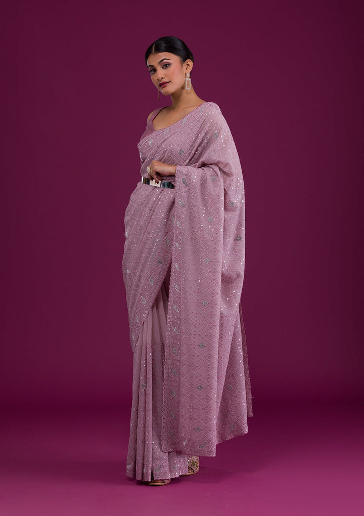 Mauve Threadwork Georgette Unstitched Saree-Koskii