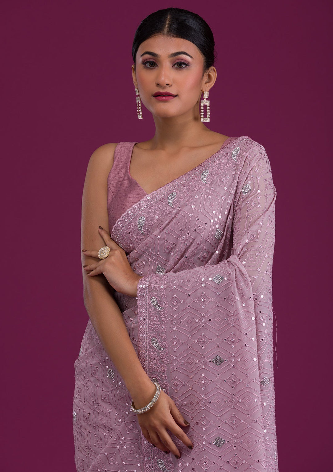 Mauve Threadwork Georgette Unstitched Saree-Koskii
