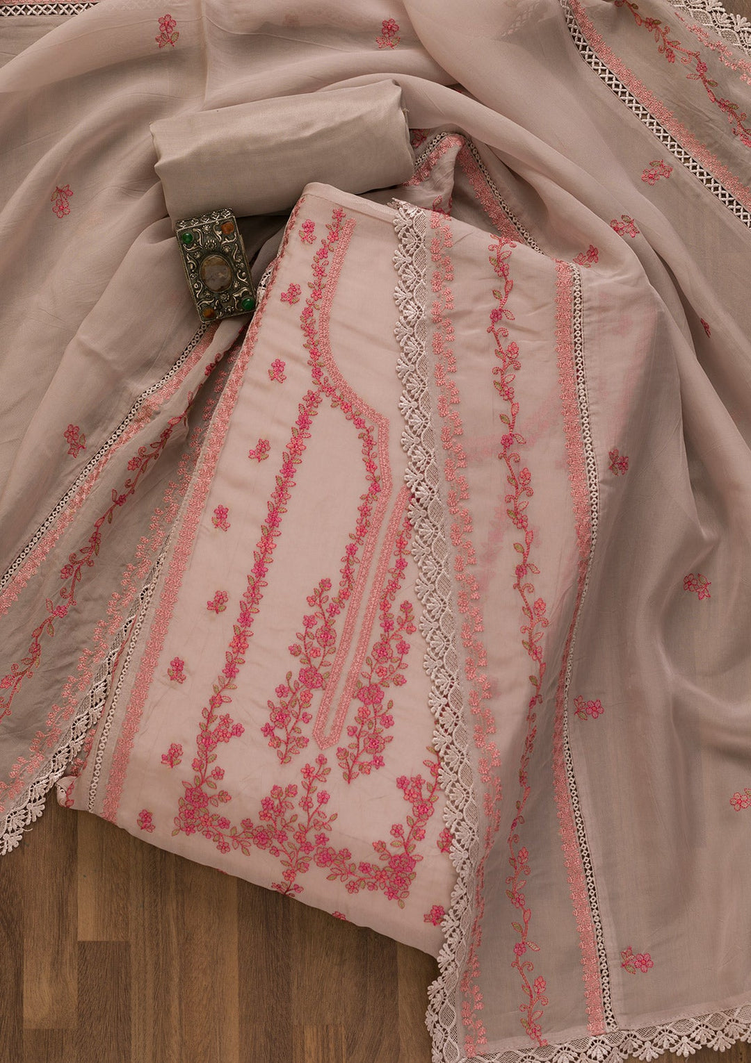 Mauve Threadwork Tissue Unstitched Salwar Kameez-Koskii