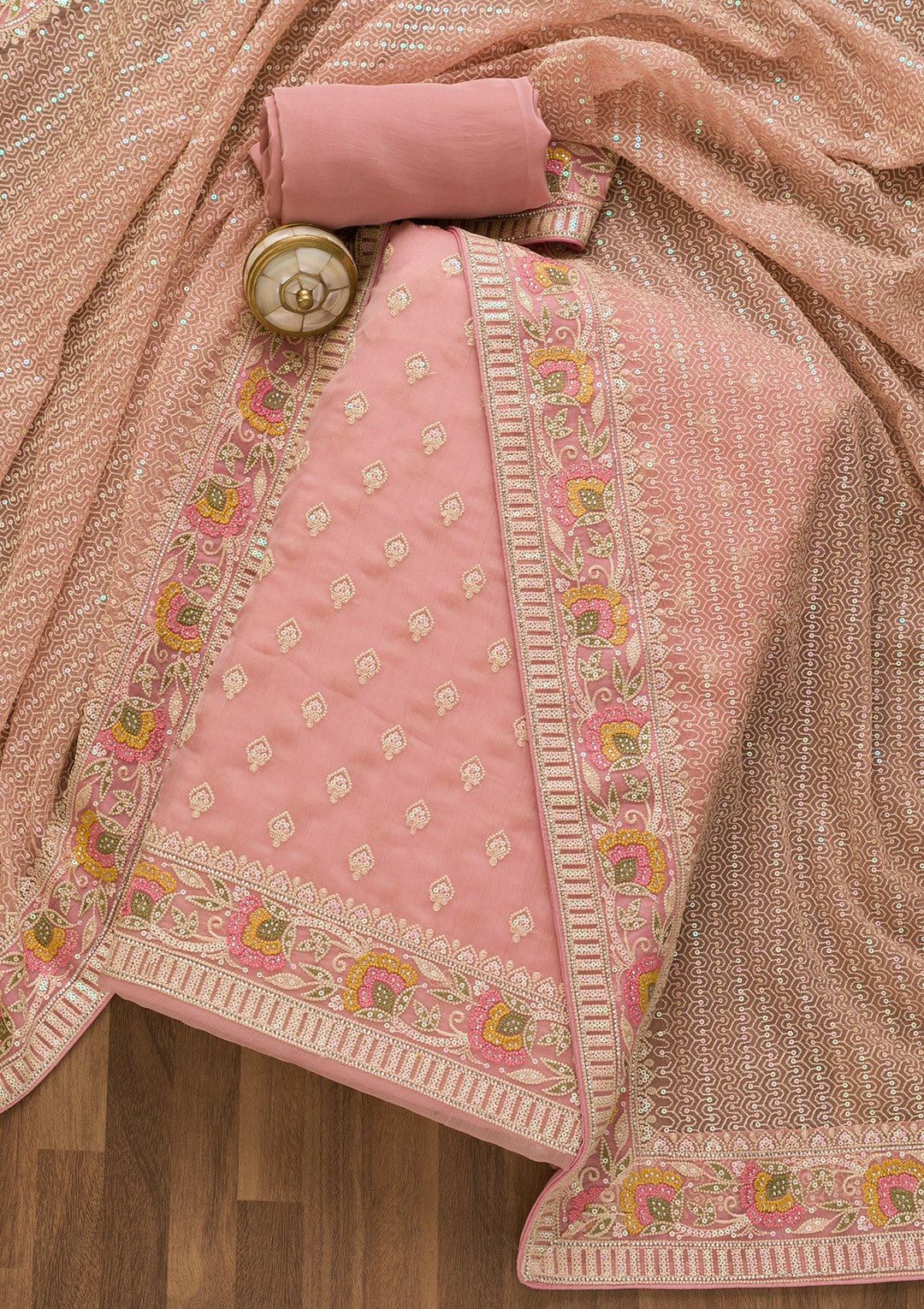 Mauve Threadwork Chiffon Unstitched Salwar Kameez-Koskii