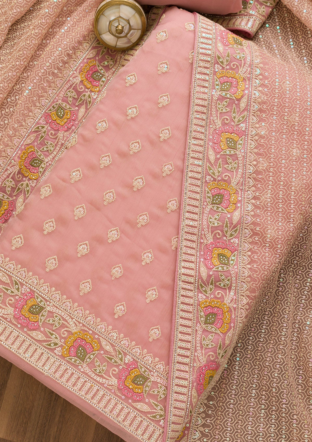 Mauve Threadwork Chiffon Unstitched Salwar Kameez-Koskii