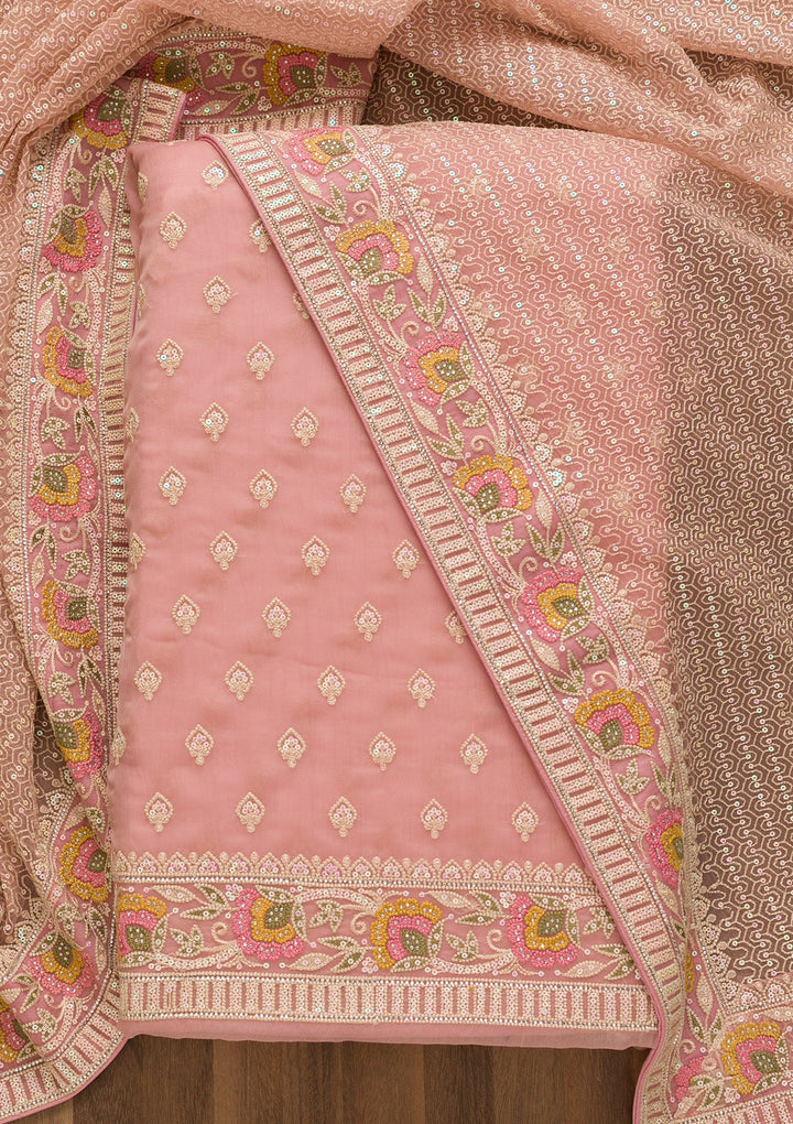 Mauve Threadwork Chiffon Unstitched Salwar Kameez-Koskii