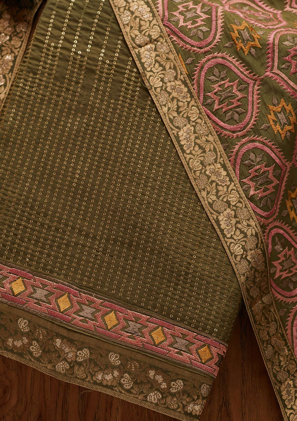 Mehendi Chikankari Semi Crepe Designer Unstitched Salwar Suit - Koskii