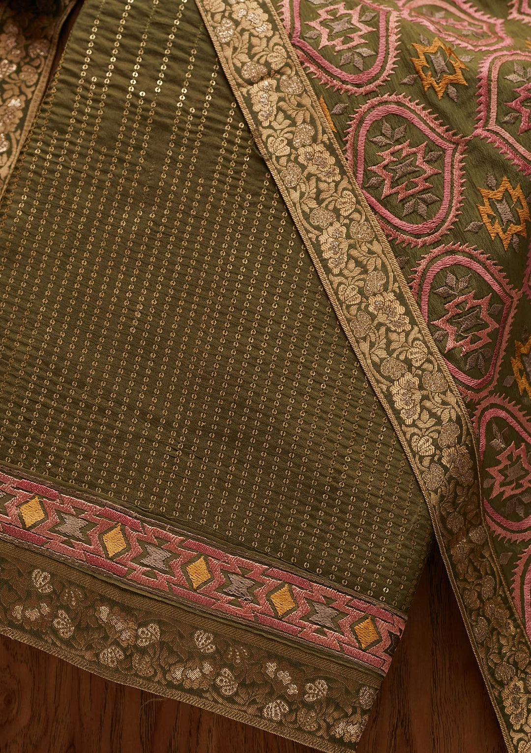 Mehendi Chikankari Semi Crepe Designer Unstitched Salwar Suit - Koskii