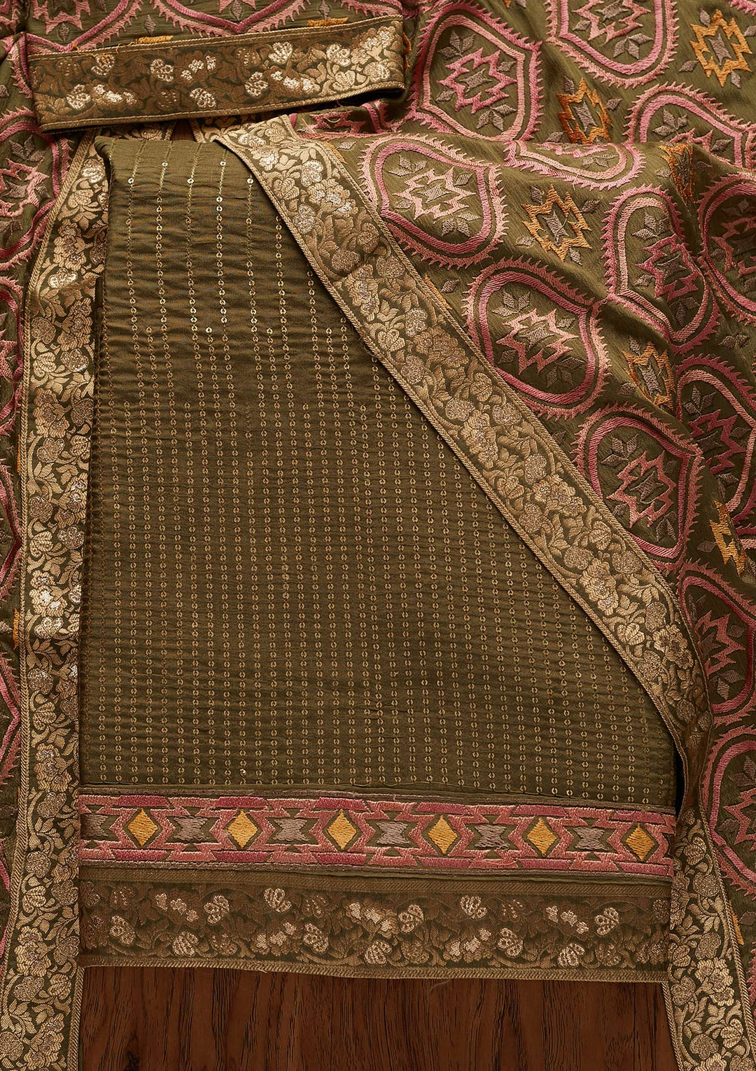 Mehendi Chikankari Semi Crepe Designer Unstitched Salwar Suit - Koskii