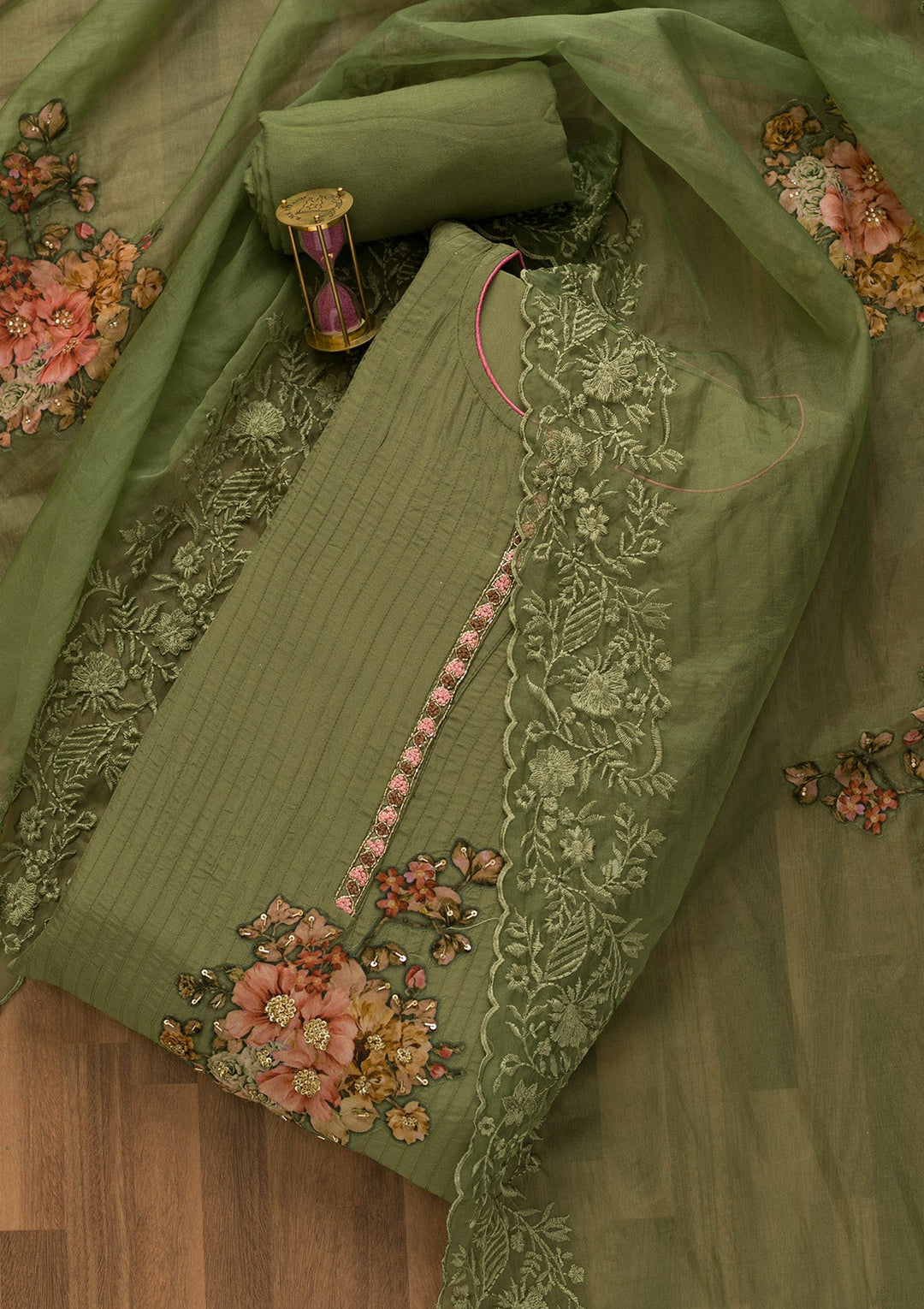 Mehendi Cutdana Semi Crepe Unstitched Salwar Kameez-Koskii