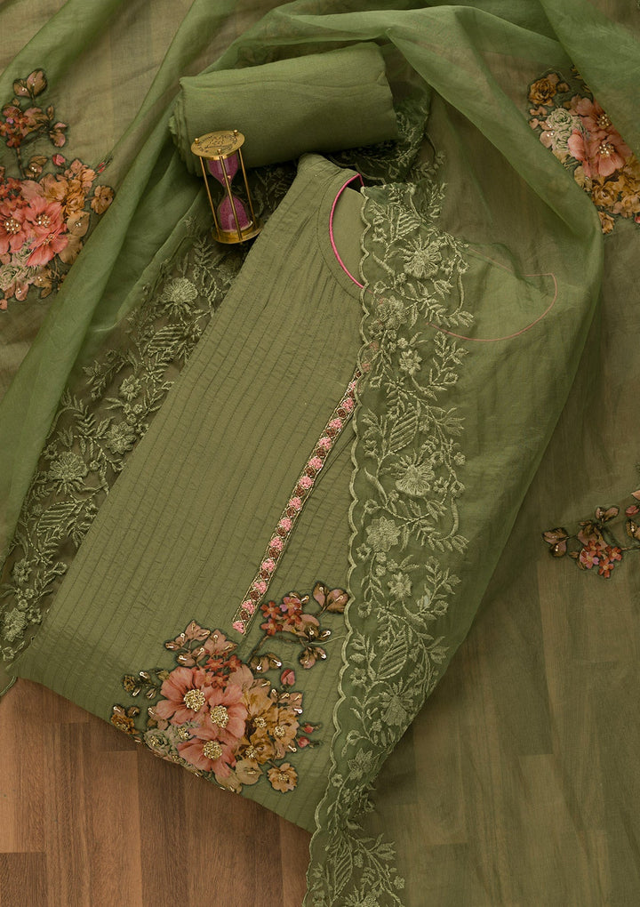 Mehendi Cutdana Semi Crepe Unstitched Salwar Kameez-Koskii
