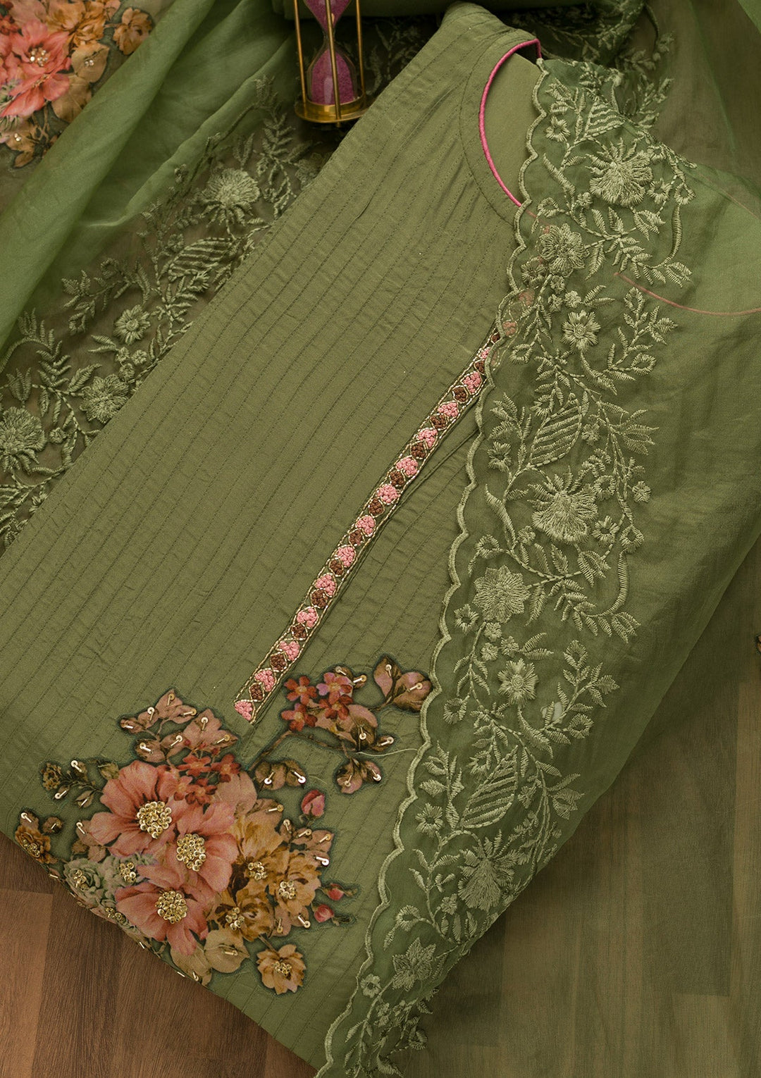 Mehendi Cutdana Semi Crepe Unstitched Salwar Kameez-Koskii