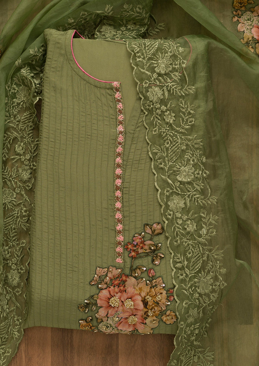 Mehendi Cutdana Semi Crepe Unstitched Salwar Kameez-Koskii