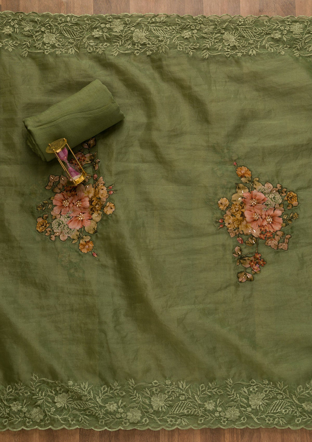 Mehendi Cutdana Semi Crepe Unstitched Salwar Kameez-Koskii
