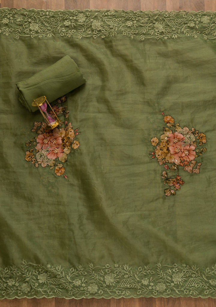 Mehendi Cutdana Semi Crepe Unstitched Salwar Kameez-Koskii