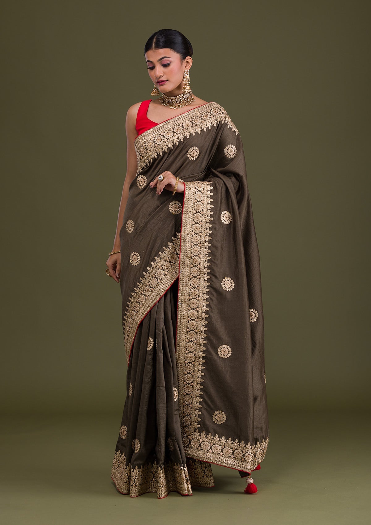 Mehendi Gotapatti Taffeta Silk Saree-Koskii