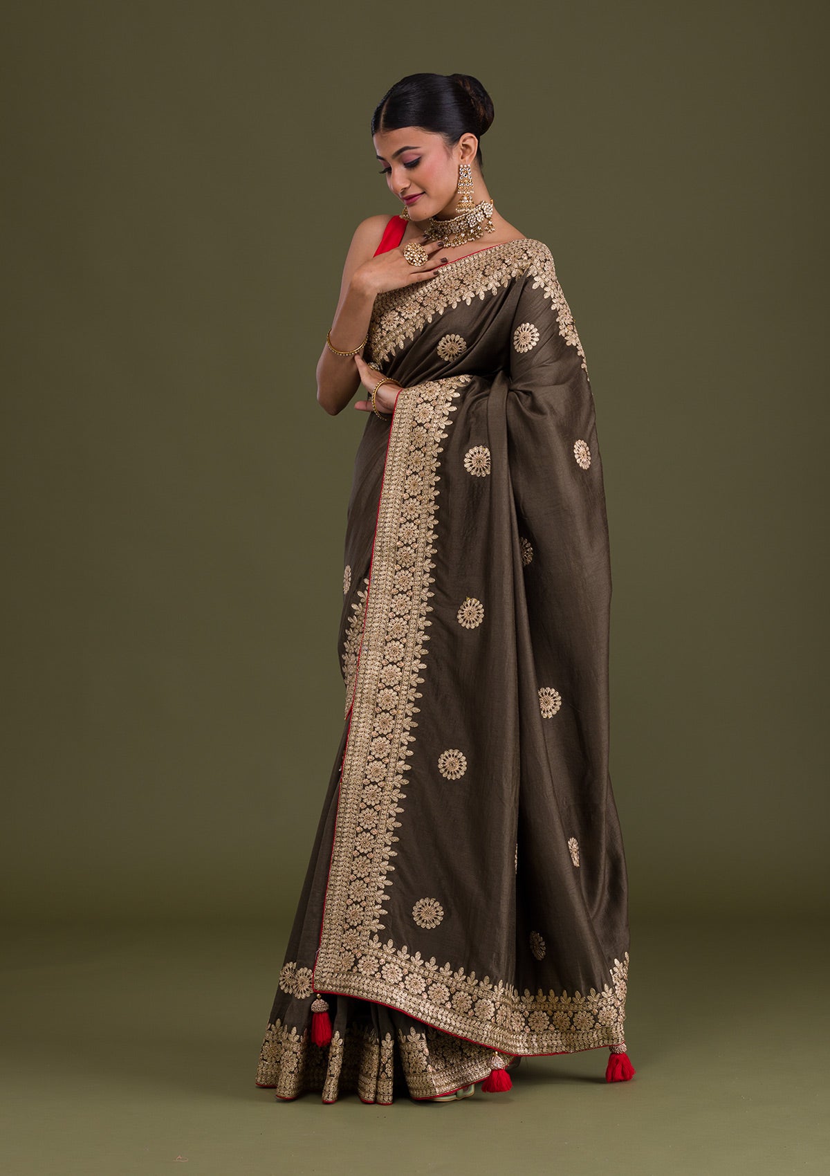 Mehendi Gotapatti Taffeta Silk Unstitched Saree-Koskii