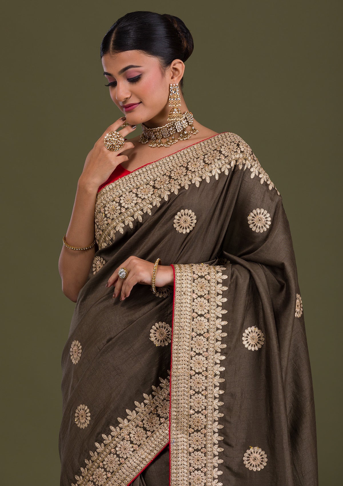 Mehendi Gotapatti Taffeta Silk Unstitched Saree-Koskii