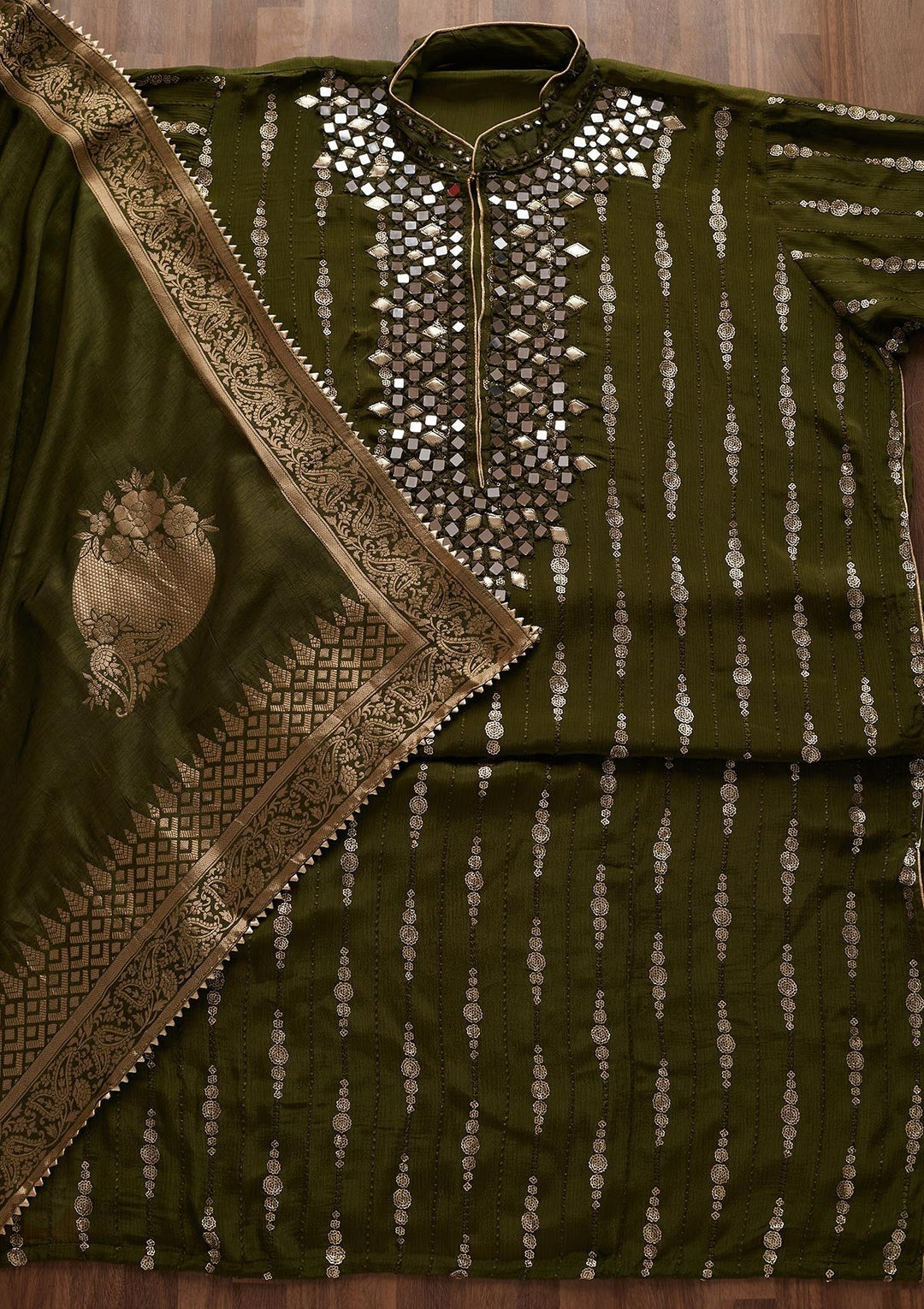 Mehendi Mirrorwork Georgette Designer Unstitched Salwar Suit - Koskii