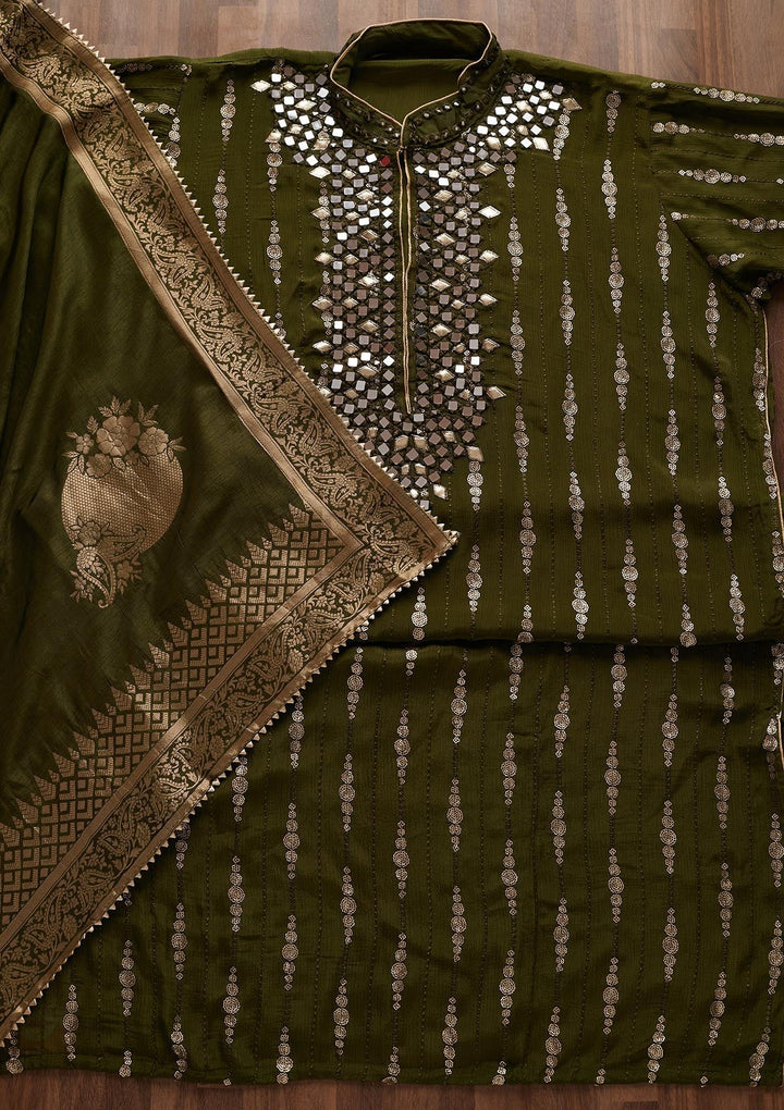 Mehendi Mirrorwork Georgette Designer Unstitched Salwar Suit - Koskii