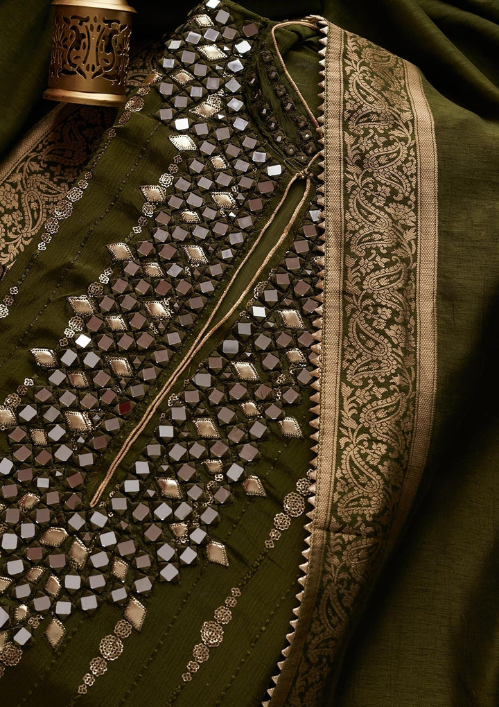 Mehendi Mirrorwork Georgette Designer Unstitched Salwar Suit - Koskii