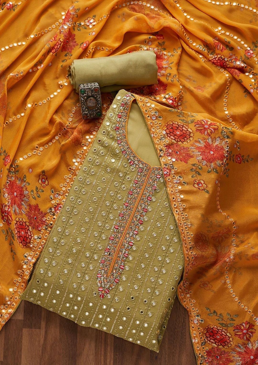 Mehendi Mirrorwork Semi Crepe Designer Unstitched Salwar Suit - Koskii