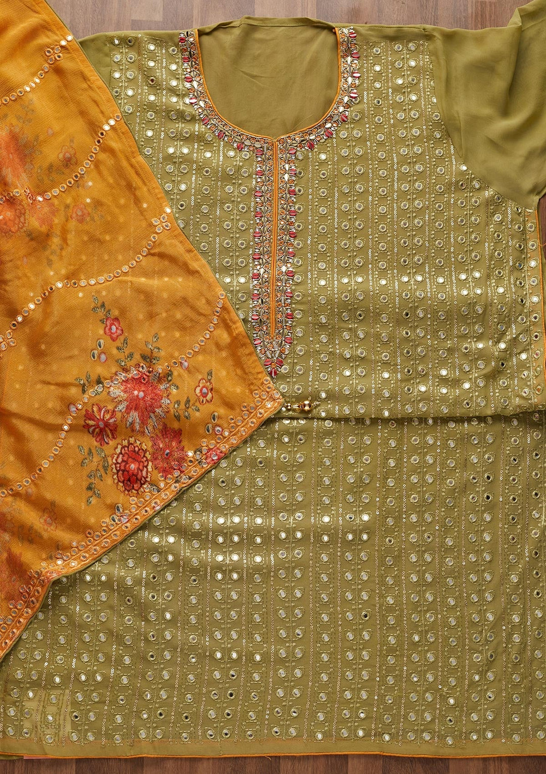 Mehendi Mirrorwork Semi Crepe Designer Unstitched Salwar Suit - Koskii