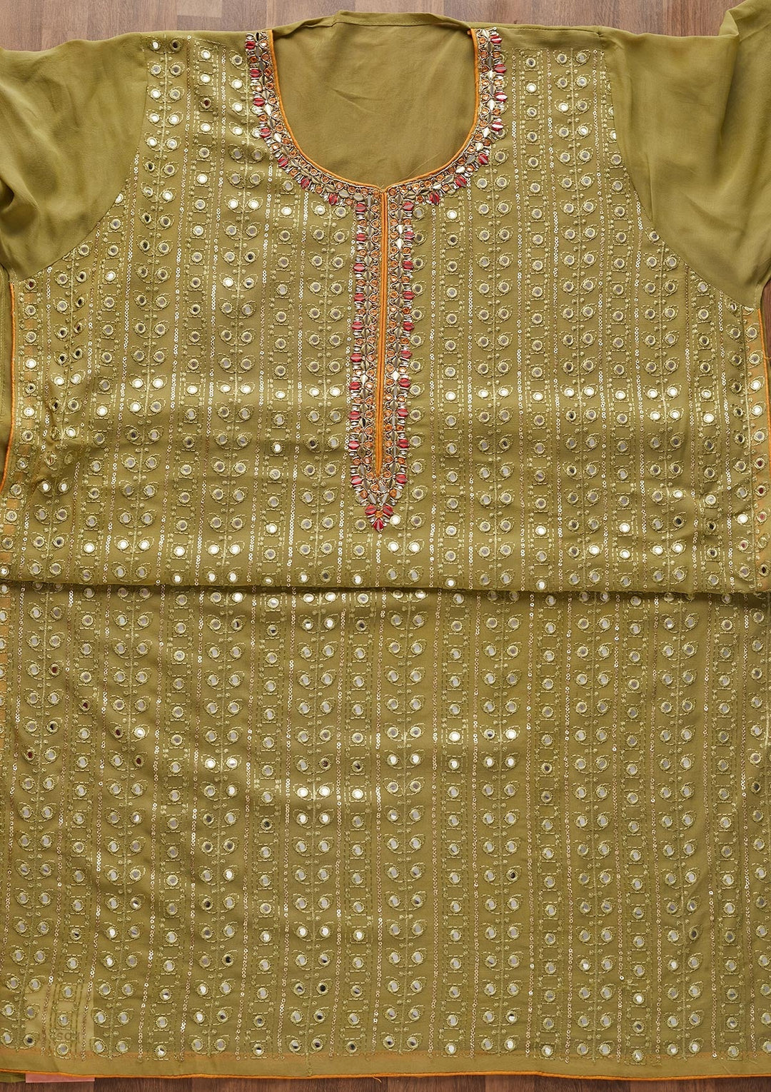 Mehendi Mirrorwork Semi Crepe Designer Unstitched Salwar Suit - Koskii