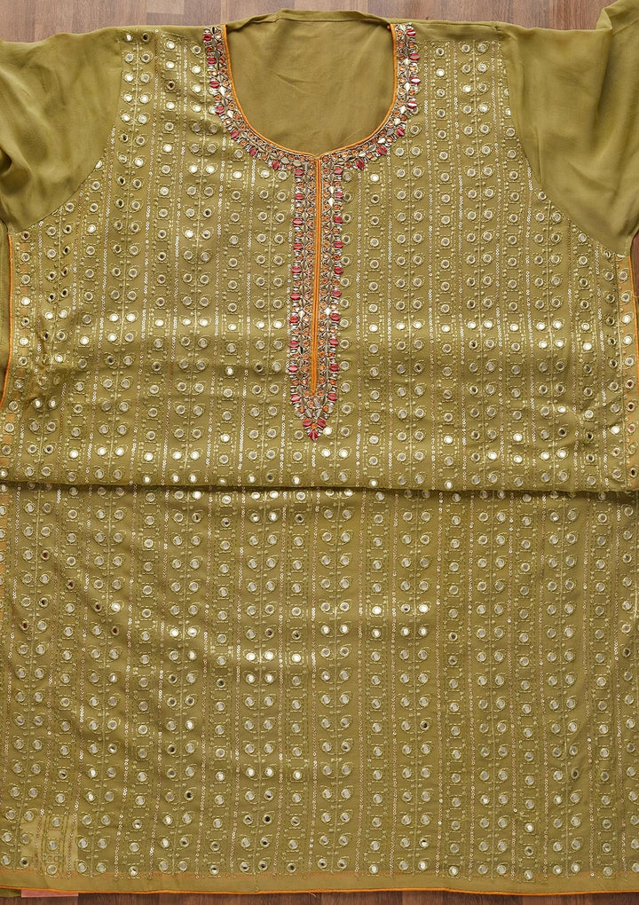 Mehendi Mirrorwork Semi Crepe Designer Unstitched Salwar Suit - Koskii