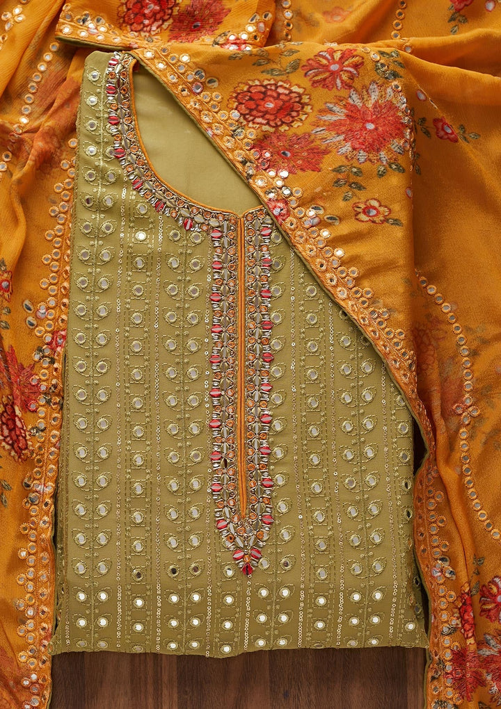 Mehendi Mirrorwork Semi Crepe Designer Unstitched Salwar Suit - Koskii
