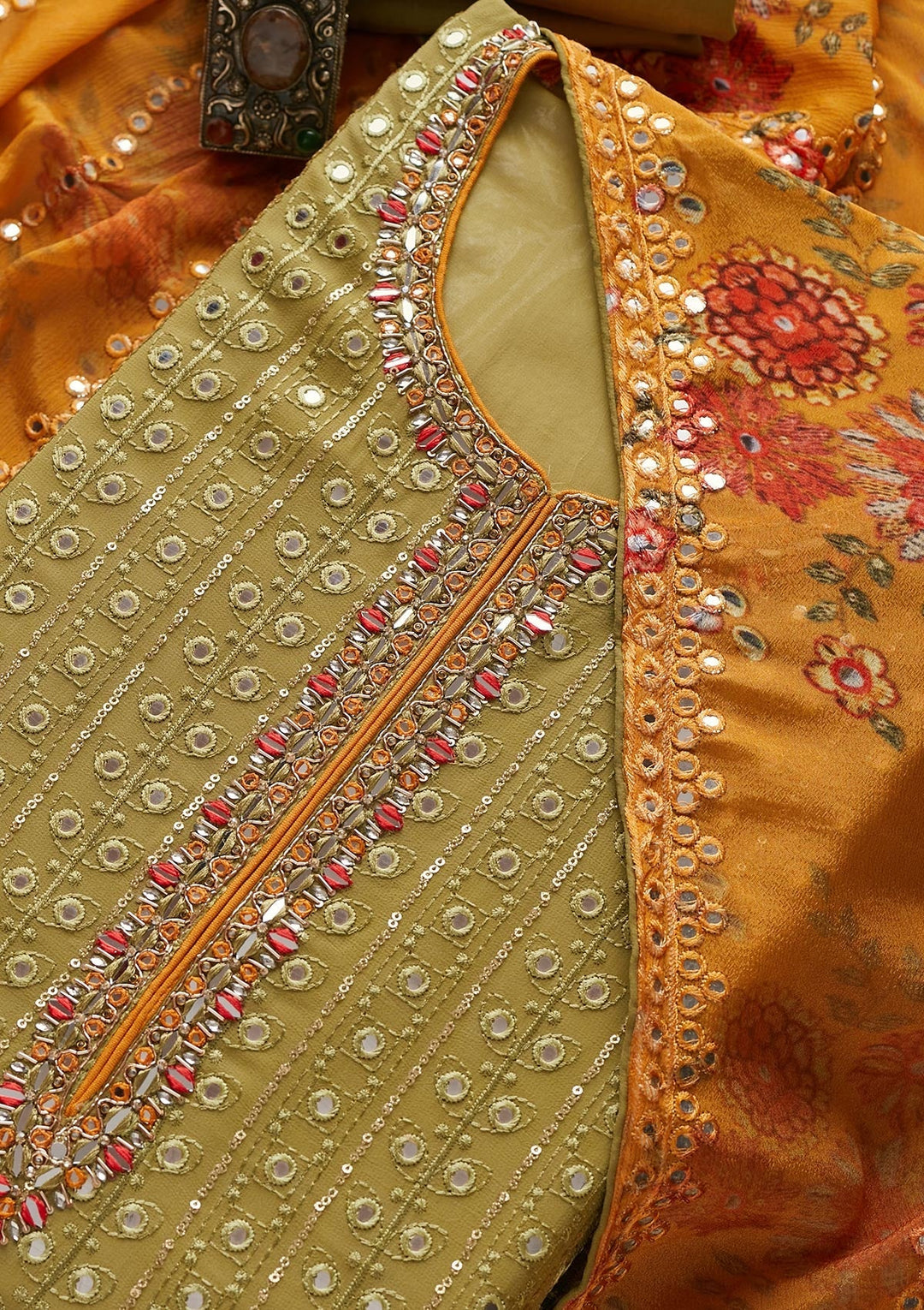 Mehendi Mirrorwork Semi Crepe Designer Unstitched Salwar Suit - Koskii