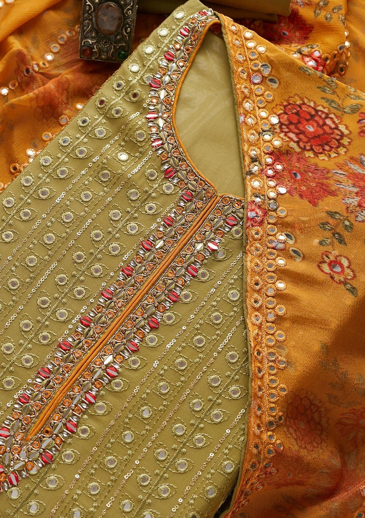 Mehendi Mirrorwork Semi Crepe Designer Unstitched Salwar Suit - Koskii