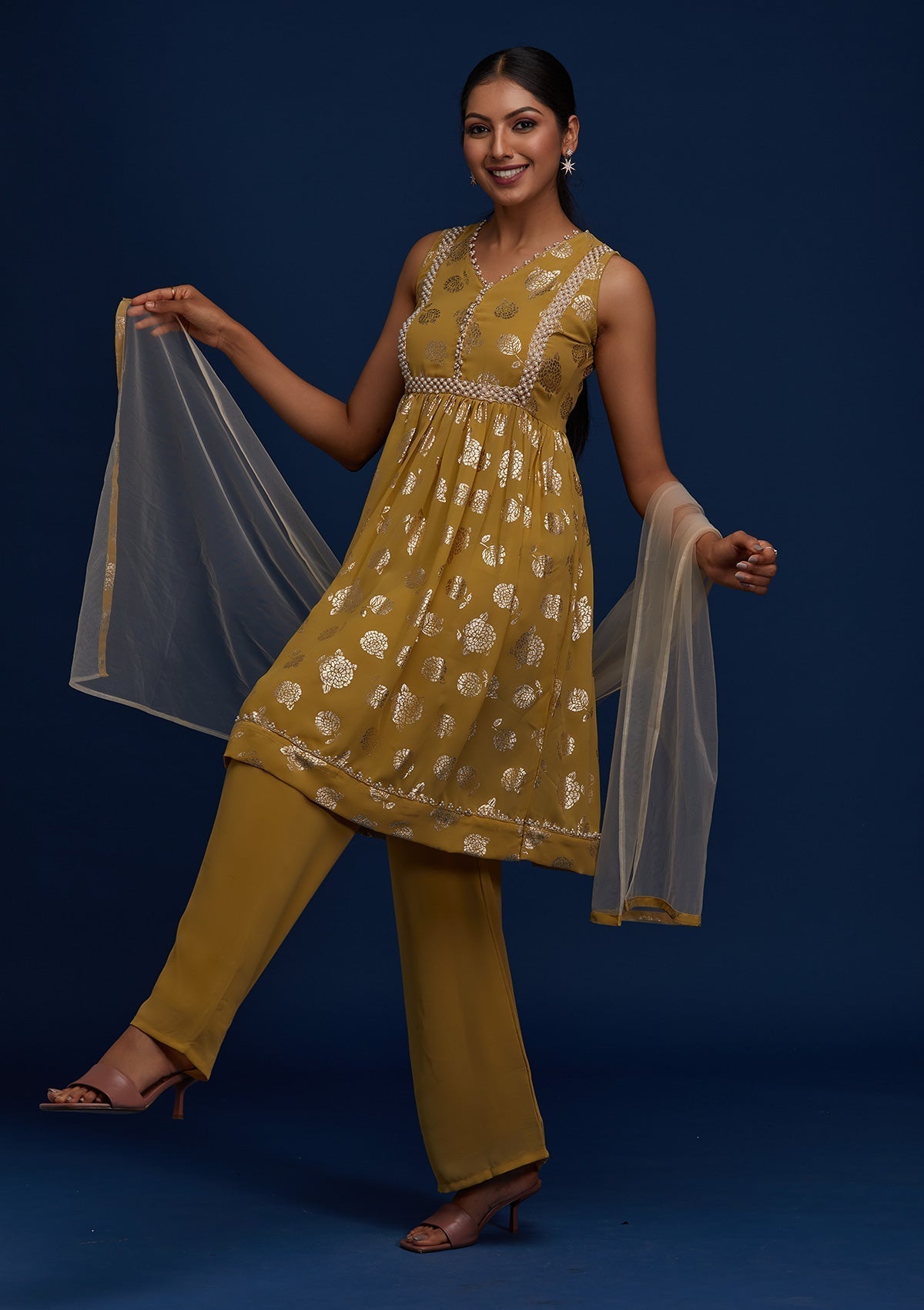 Mehendi Pearlwork Georgette Designer Salwar Suit - Koskii