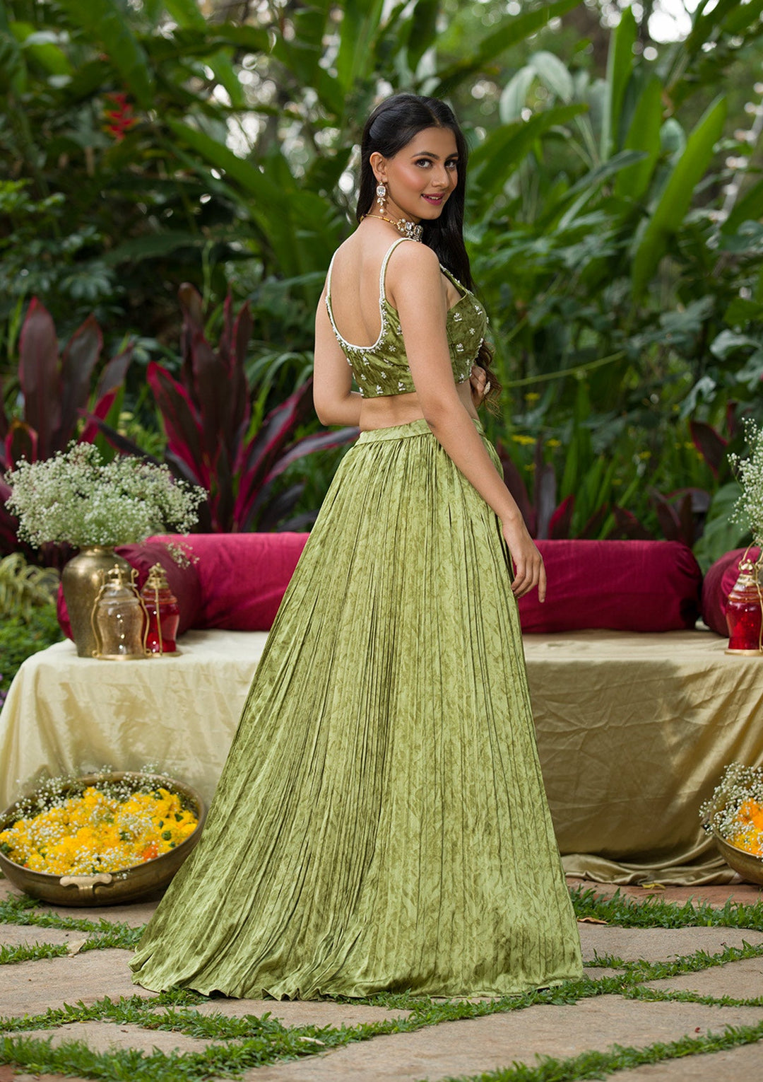 Mehendi Bandhani Print Satin Readymade Lehenga-Koskii