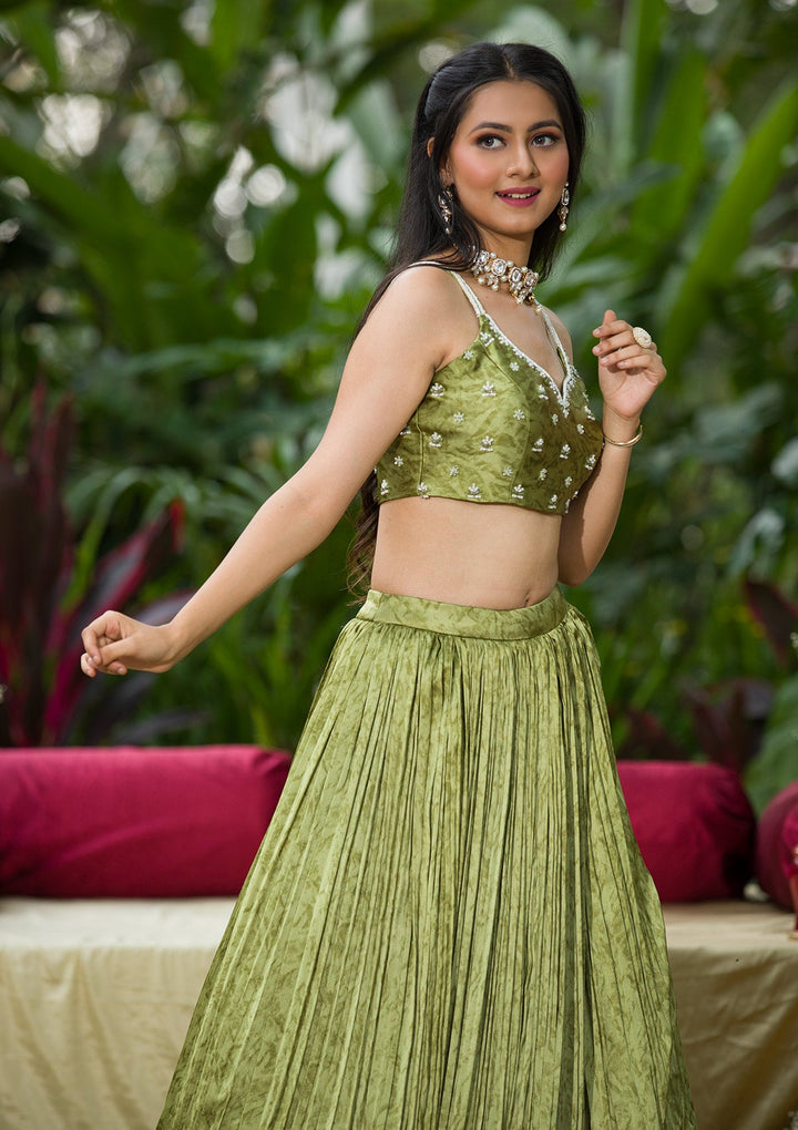 Mehendi Bandhani Print Satin Readymade Lehenga-Koskii