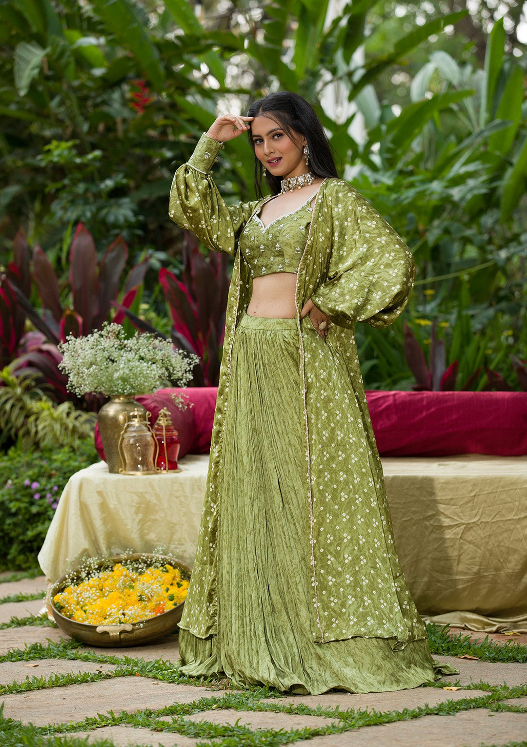 Mehendi Bandhani Print Satin Readymade Lehenga-Koskii