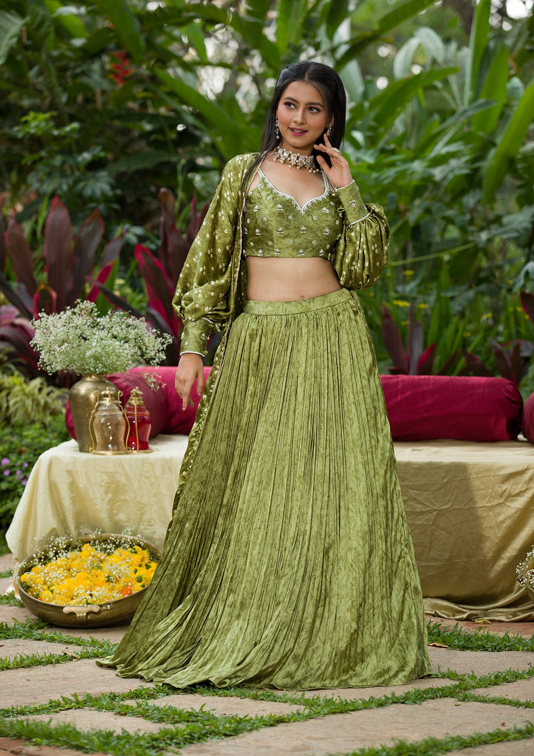 Mehendi Bandhani Print Satin Readymade Lehenga-Koskii