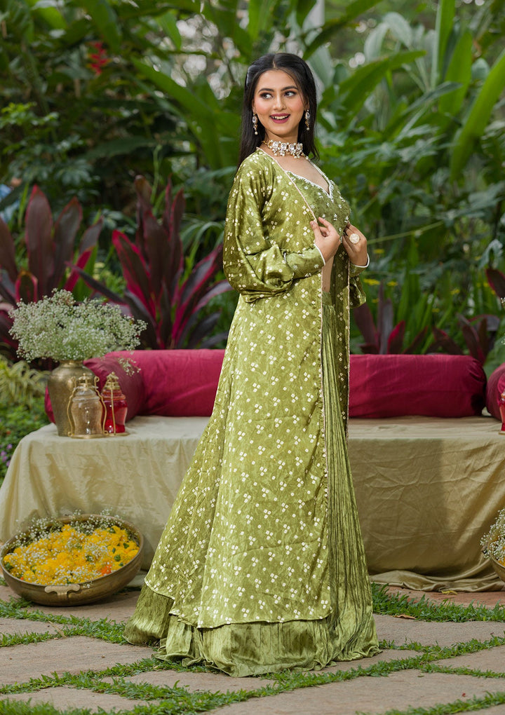 Mehendi Bandhani Print Satin Readymade Lehenga-Koskii