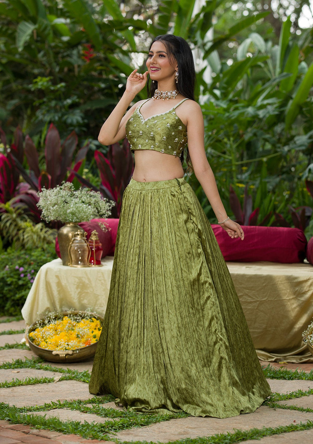Mehendi Bandhani Print Satin Readymade Lehenga-Koskii