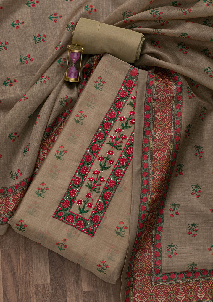 Mehendi Printed Chanderi Unstitched Salwar Suit-Koskii