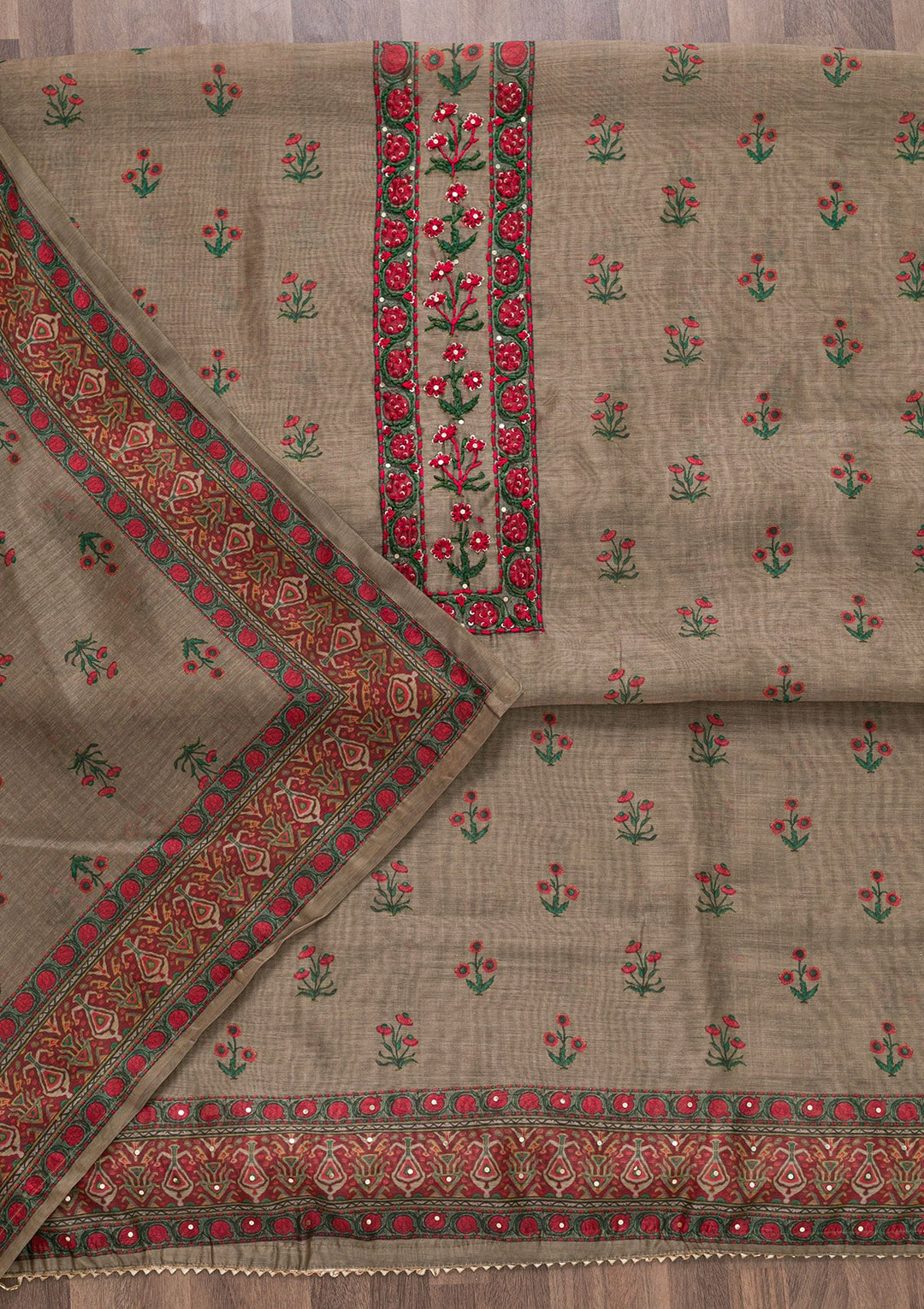 Mehendi Printed Chanderi Unstitched Salwar Suit-Koskii