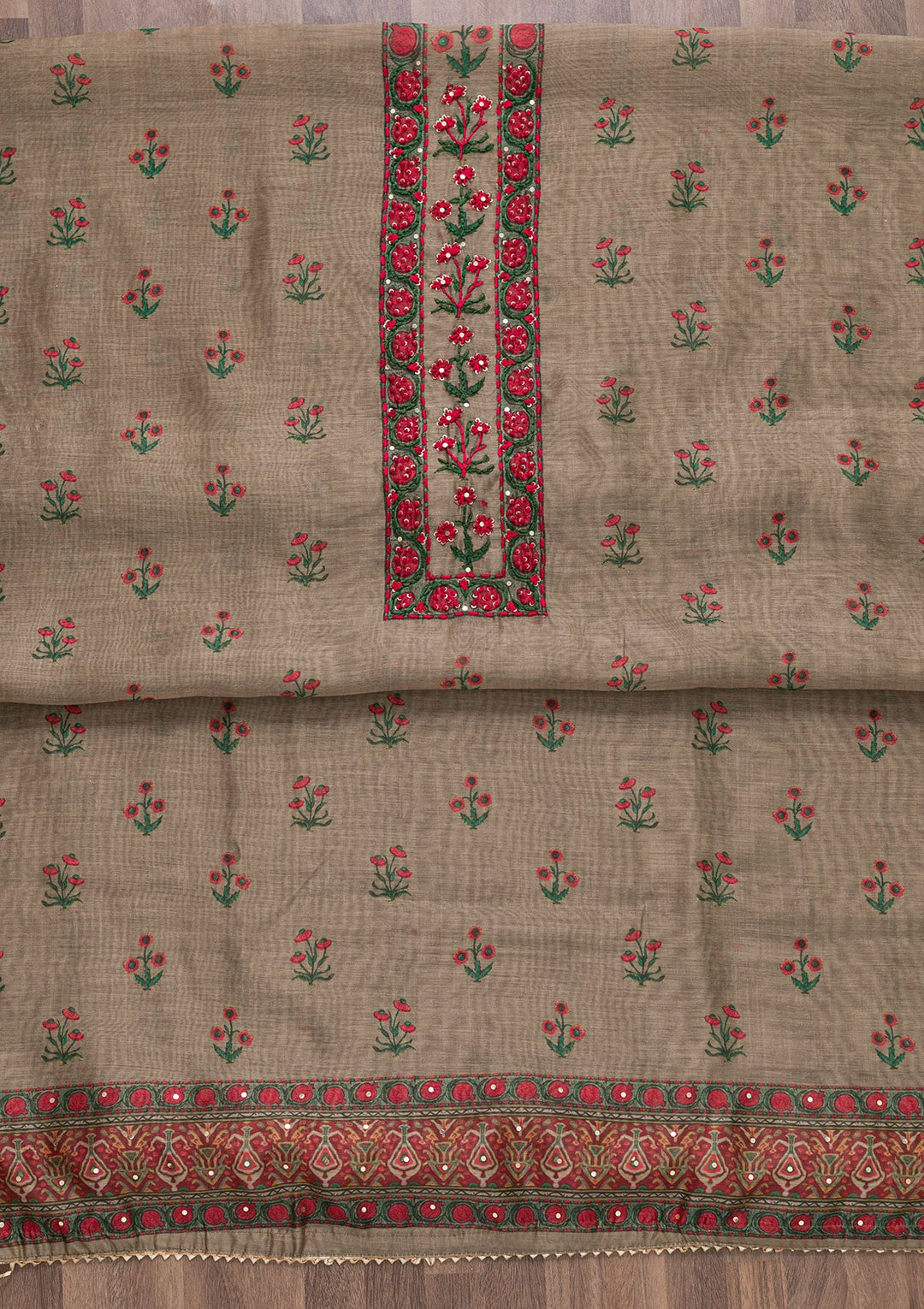 Mehendi Printed Chanderi Unstitched Salwar Suit-Koskii