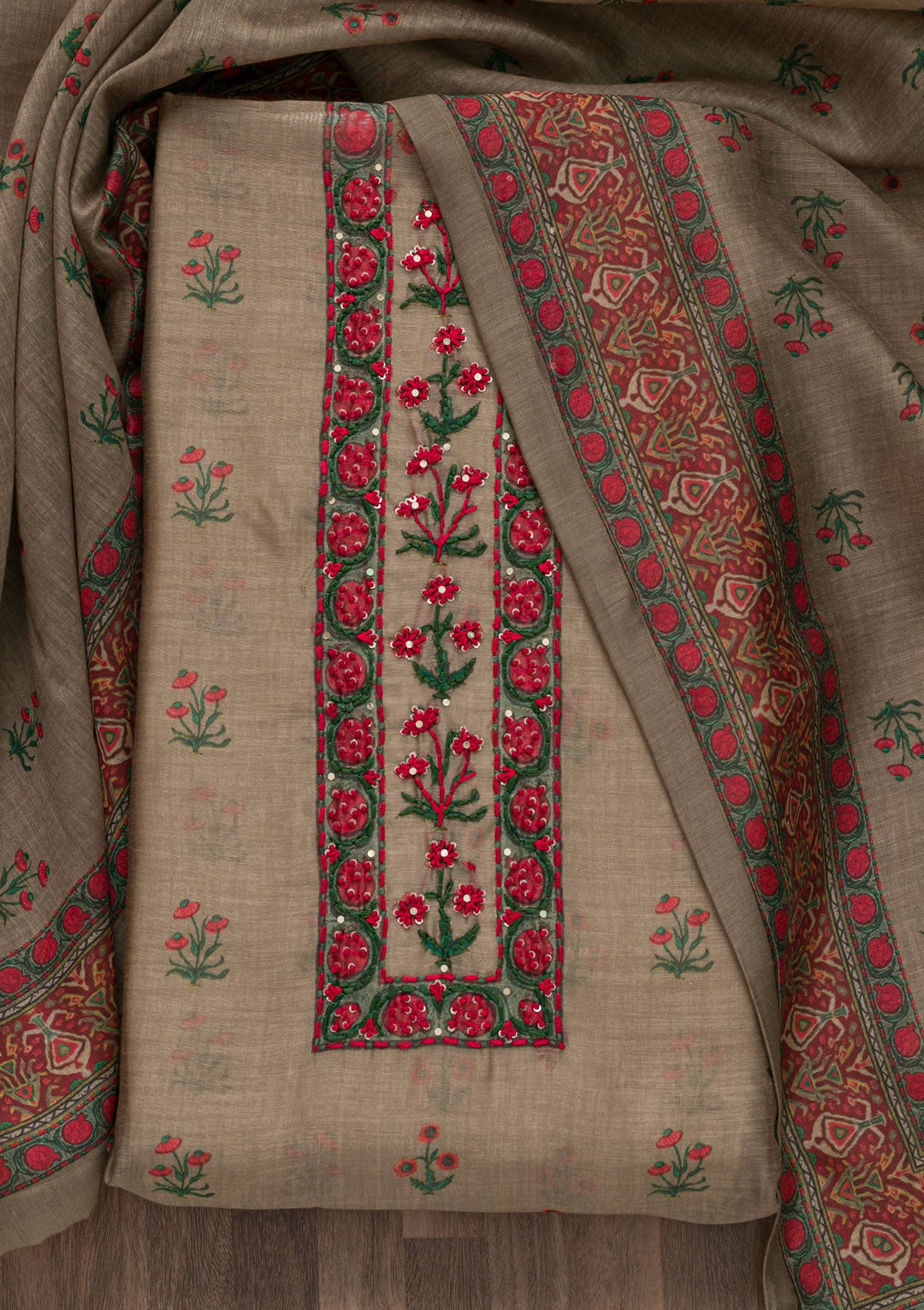 Mehendi Printed Chanderi Unstitched Salwar Suit-Koskii