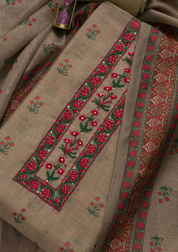 Mehendi Printed Chanderi Unstitched Salwar Suit-Koskii