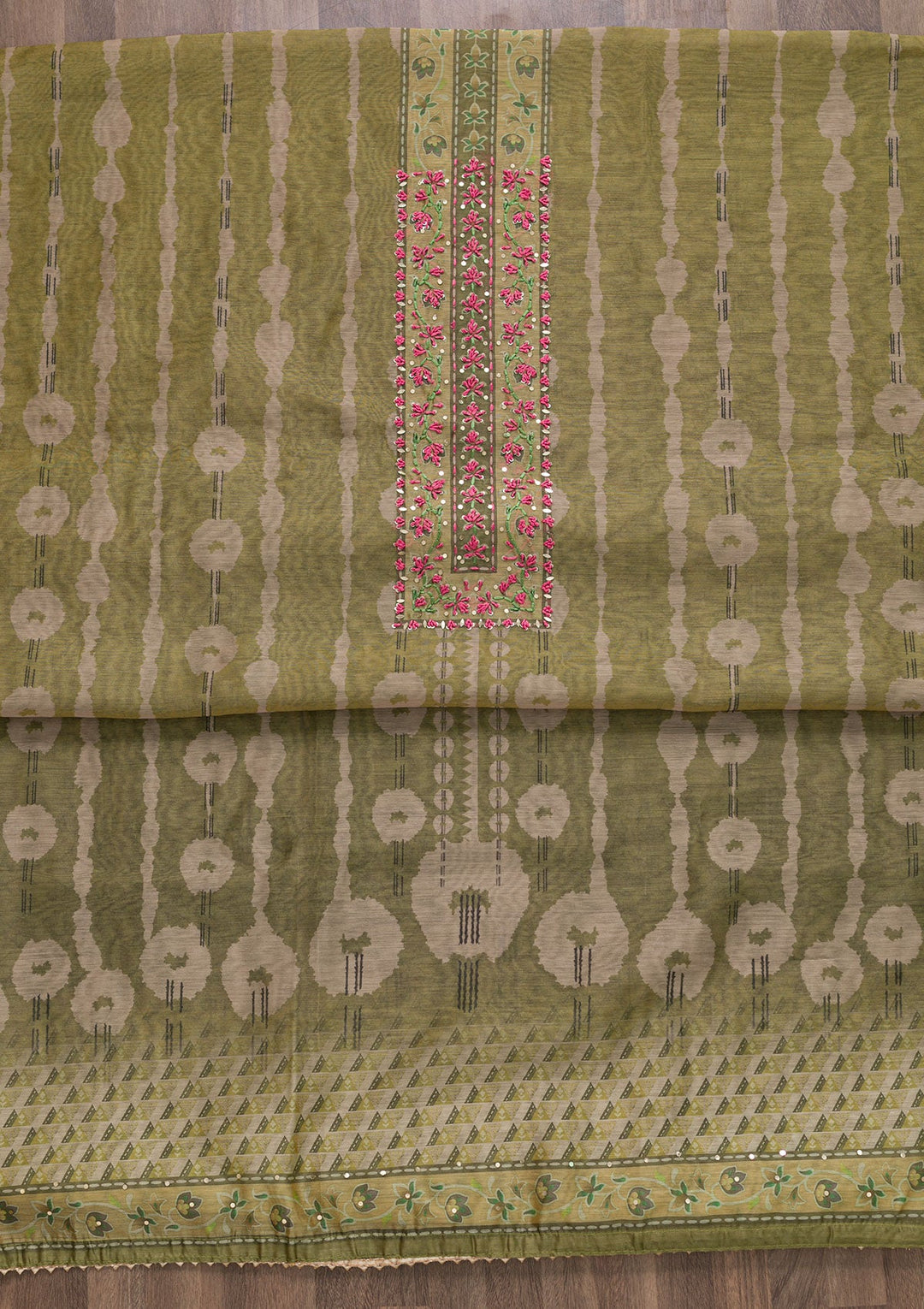 Mehendi Printed Chanderi Unstitched Salwar Suit-Koskii