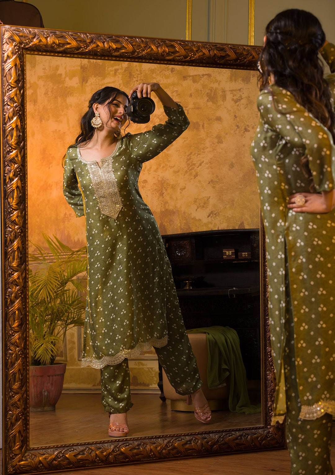 Mehendi Bandhani Semi Crepe Readymade Salwar Kameez-Koskii