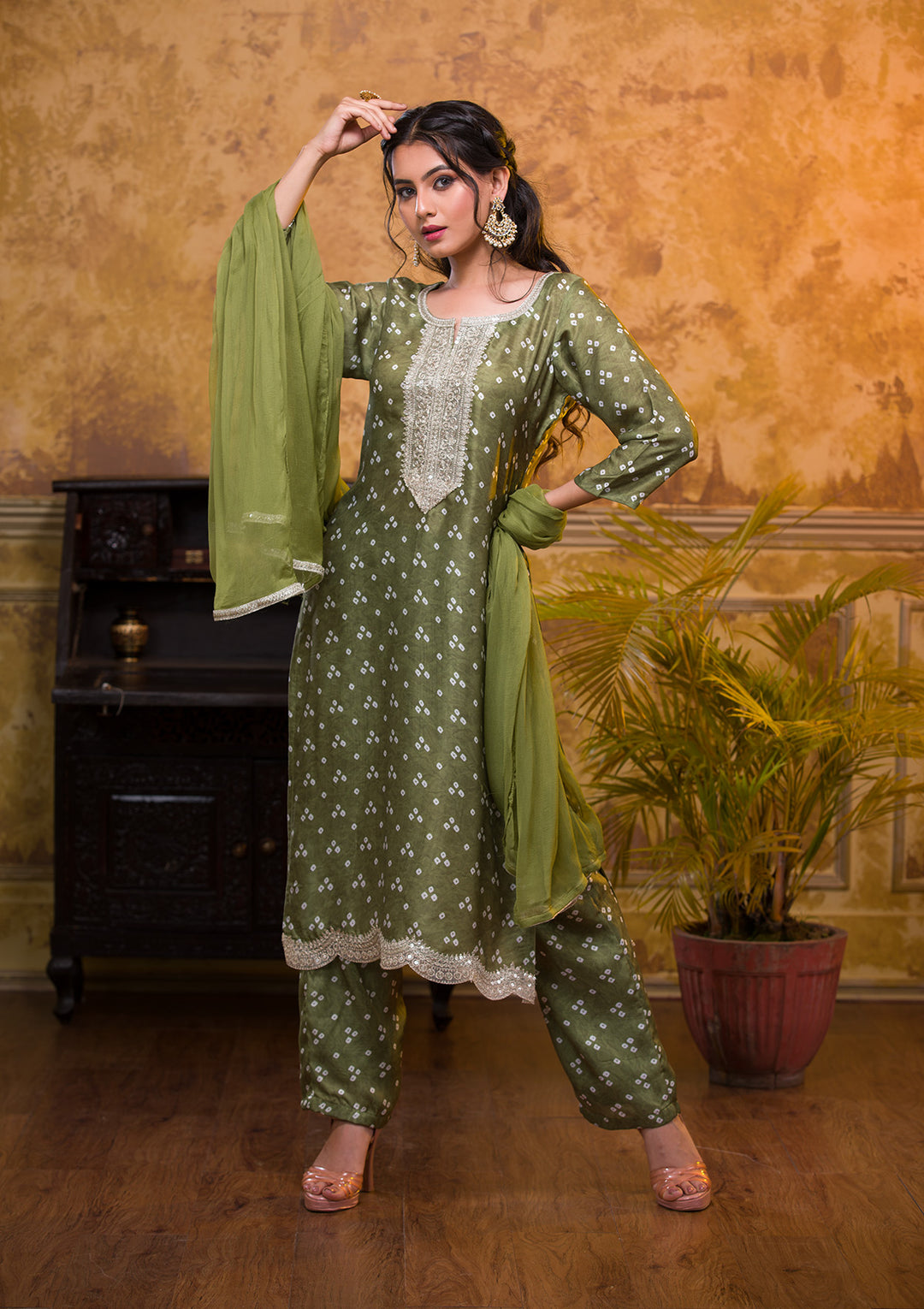 Mehendi Bandhani Semi Crepe Readymade Salwar Kameez-Koskii