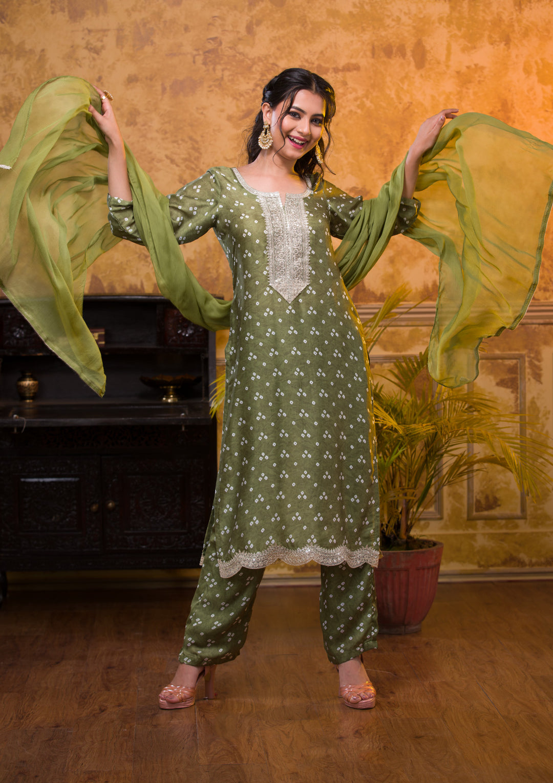 Mehendi Bandhani Semi Crepe Readymade Salwar Kameez-Koskii